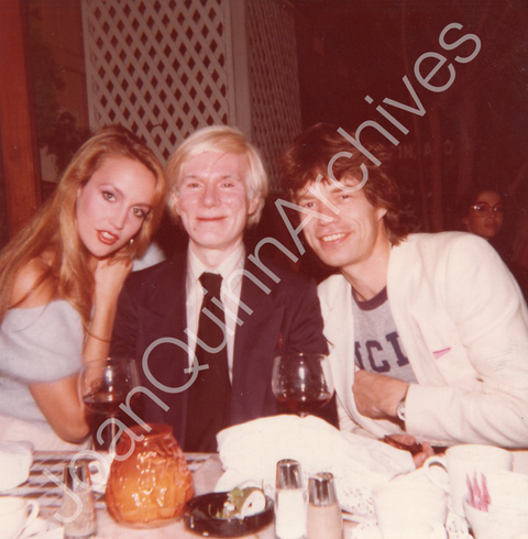 Jerry Hall, Andy Warhol, & Mick Jagger at Mustache Cafe in Los Angeles